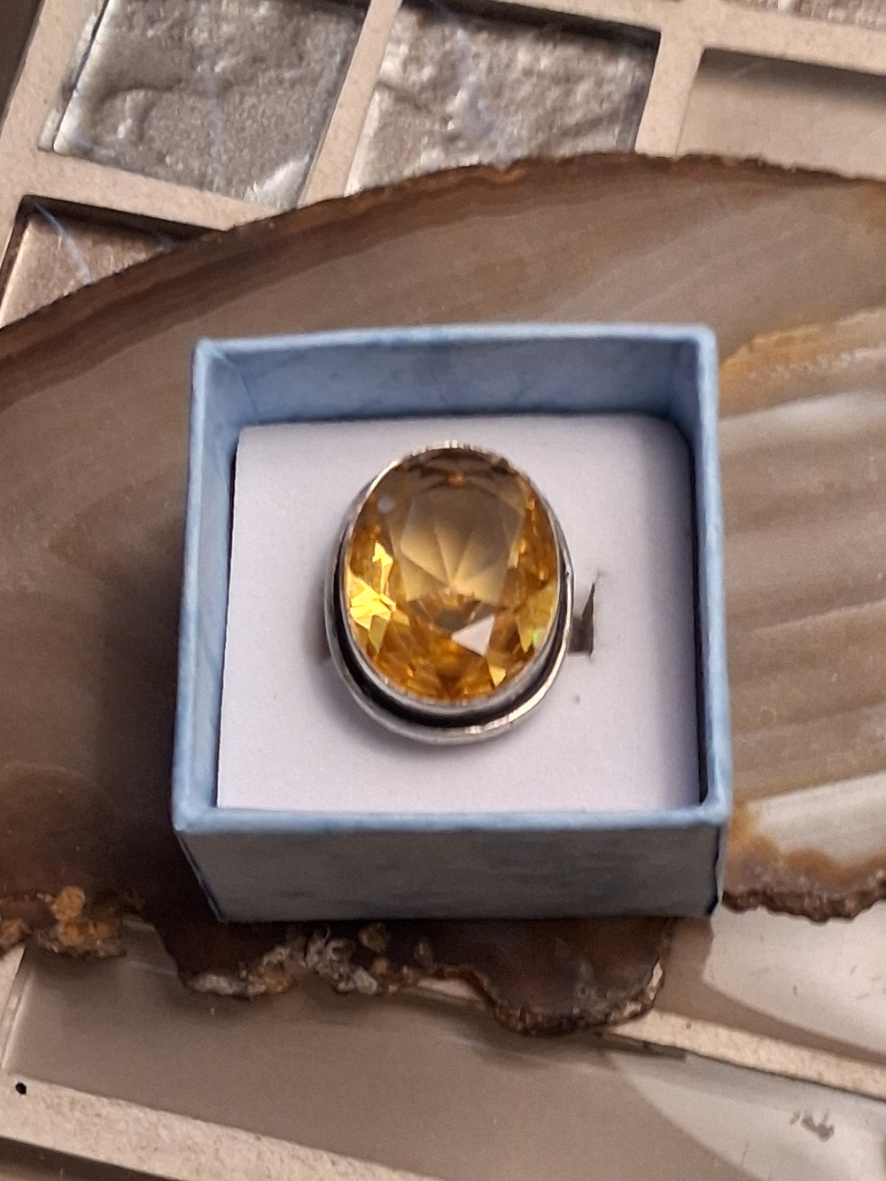 Faceted Yellow Crystal Oval Ring in Silver Setting